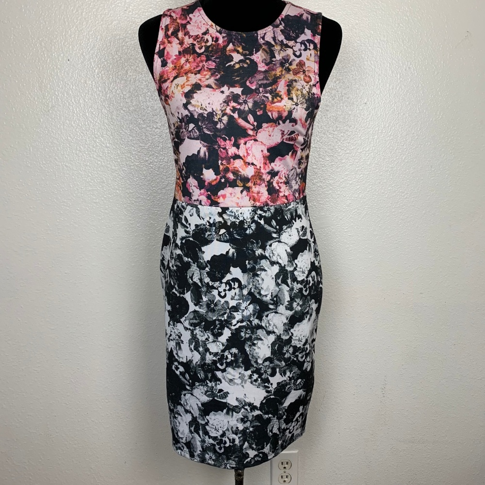 TopShop Scuba Bodycon  Floral Pink Black Dress